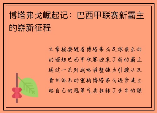 博塔弗戈崛起记：巴西甲联赛新霸主的崭新征程