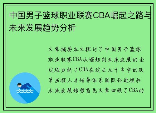 中国男子篮球职业联赛CBA崛起之路与未来发展趋势分析